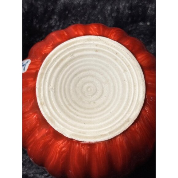 Scalloped Red Porcelain Tea Cups With Blue Floral Interior Design Set Of 4 - Picture 9 of 11